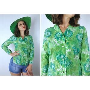 vintage 50s Green LILY of the VALLEY Button Up SHIRT Medium soft cotton blouse